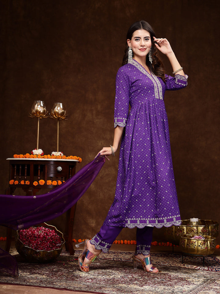 Violet Bandhani Printed &amp; Embroidered Rayon Flared Kurta Pant Dupatta Set