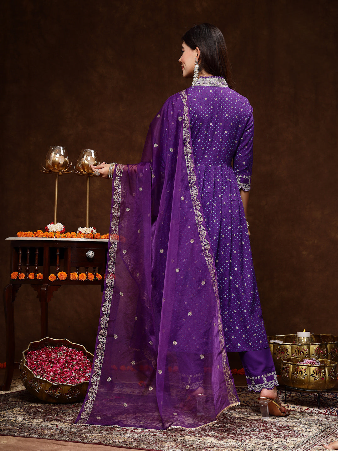 Violet Bandhani Printed &amp; Embroidered Rayon Flared Kurta Pant Dupatta Set