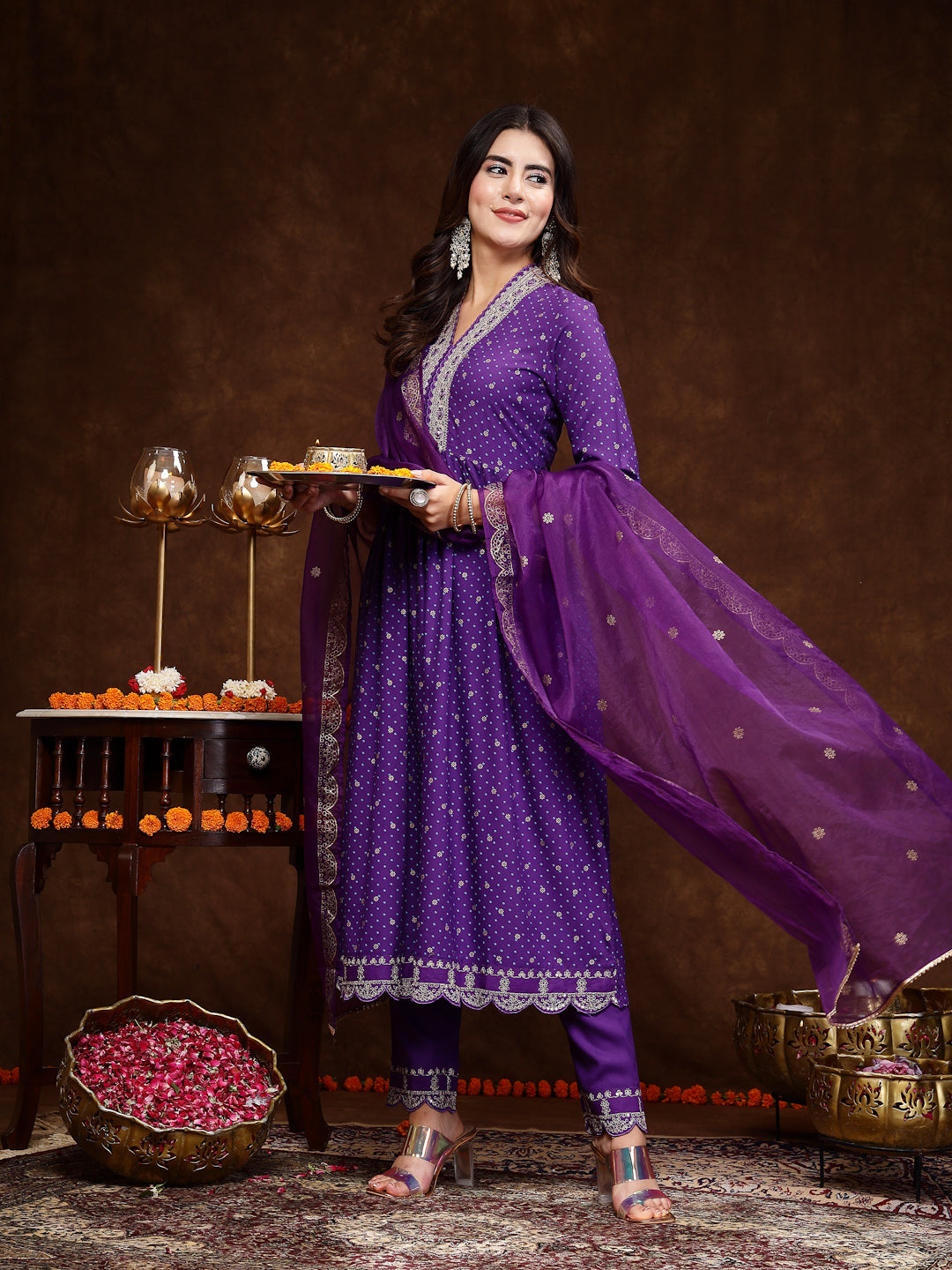 Violet Bandhani Printed &amp; Embroidered Rayon Flared Kurta Pant Dupatta Set