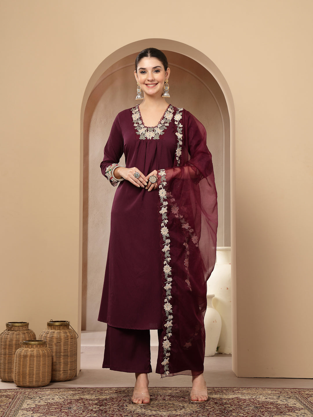 Violet Solid &amp; Embroidered Crepe A-Line Kurta Pant Dupatta Set