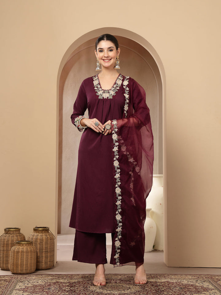 Violet Solid &amp; Embroidered Crepe A-Line Kurta Pant Dupatta Set