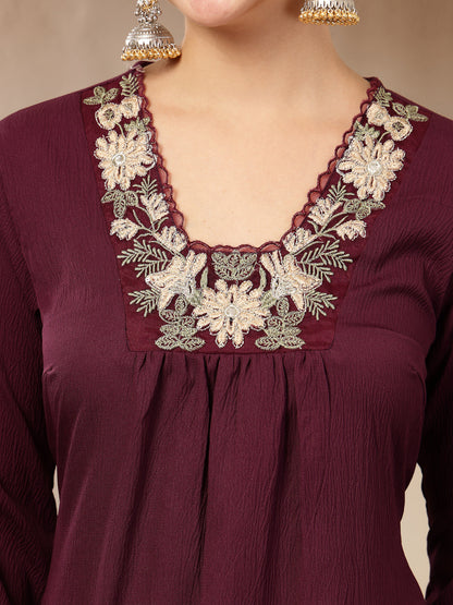 Violet Solid & Embroidered Crepe A-Line Kurta Pant Dupatta Set