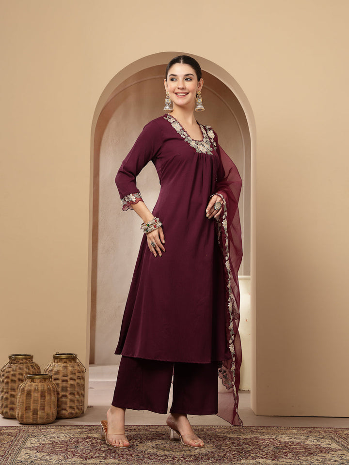 Violet Solid &amp; Embroidered Crepe A-Line Kurta Pant Dupatta Set