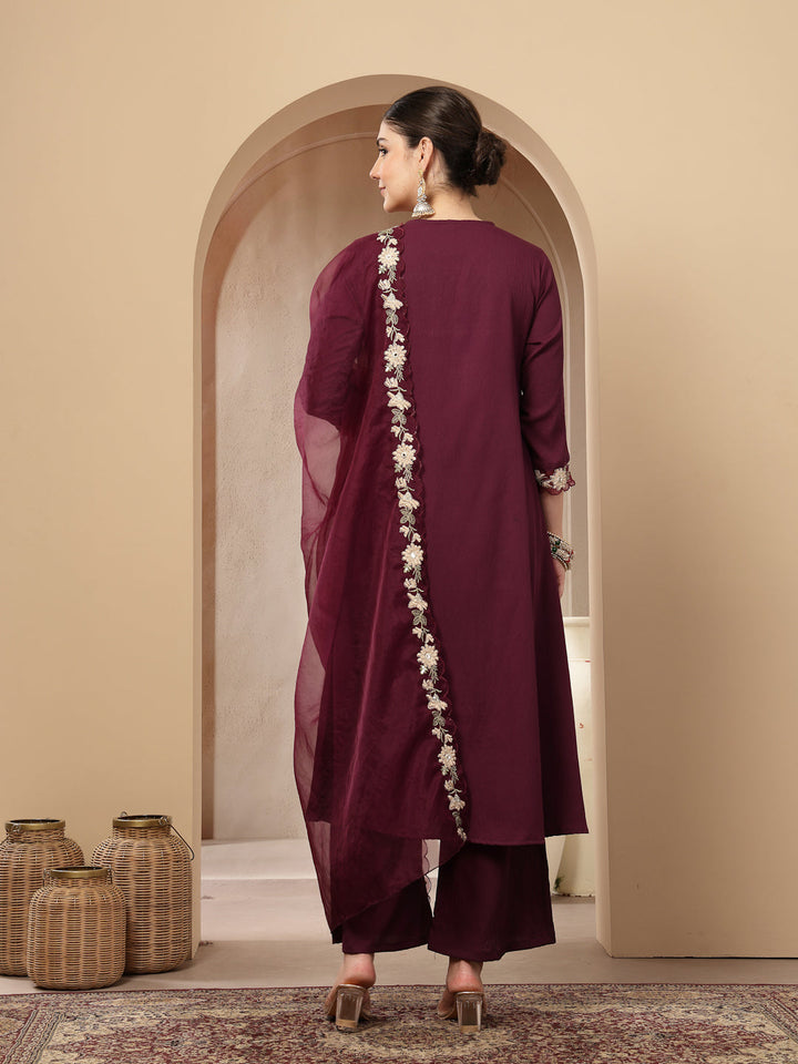Violet Solid &amp; Embroidered Crepe A-Line Kurta Pant Dupatta Set