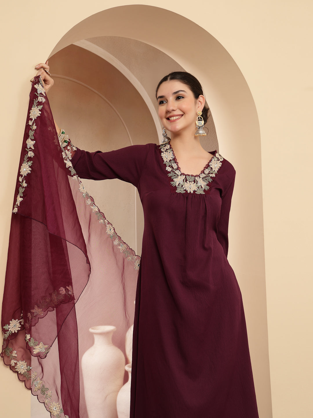 Violet Solid &amp; Embroidered Crepe A-Line Kurta Pant Dupatta Set