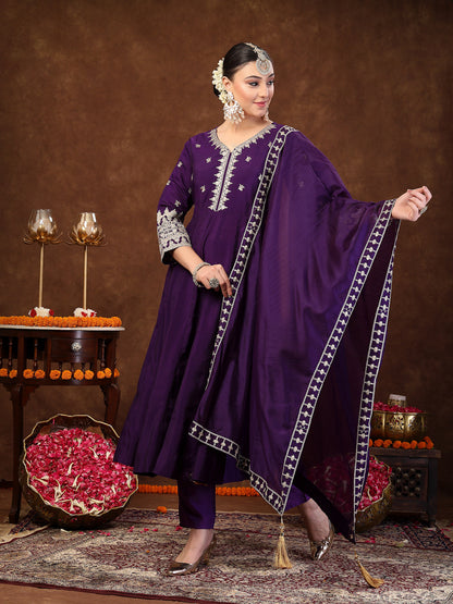 Violet Solid & Embroidered Silk Anarkali Kurta Pant Dupatta Set (Pre-Order)