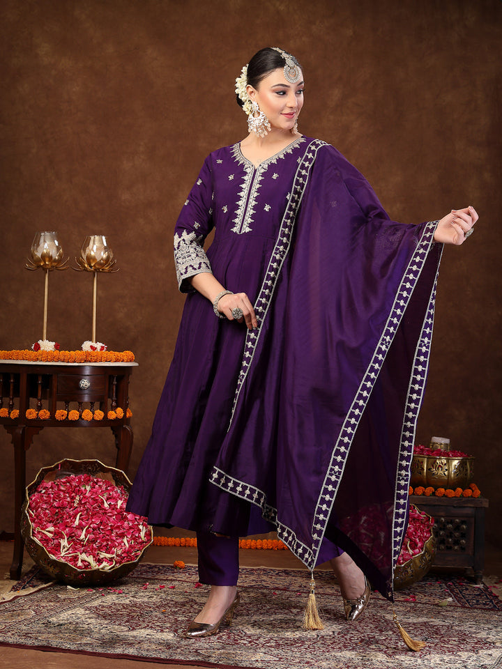 Violet Solid &amp; Embroidered Silk Anarkali Kurta Pant Dupatta Set