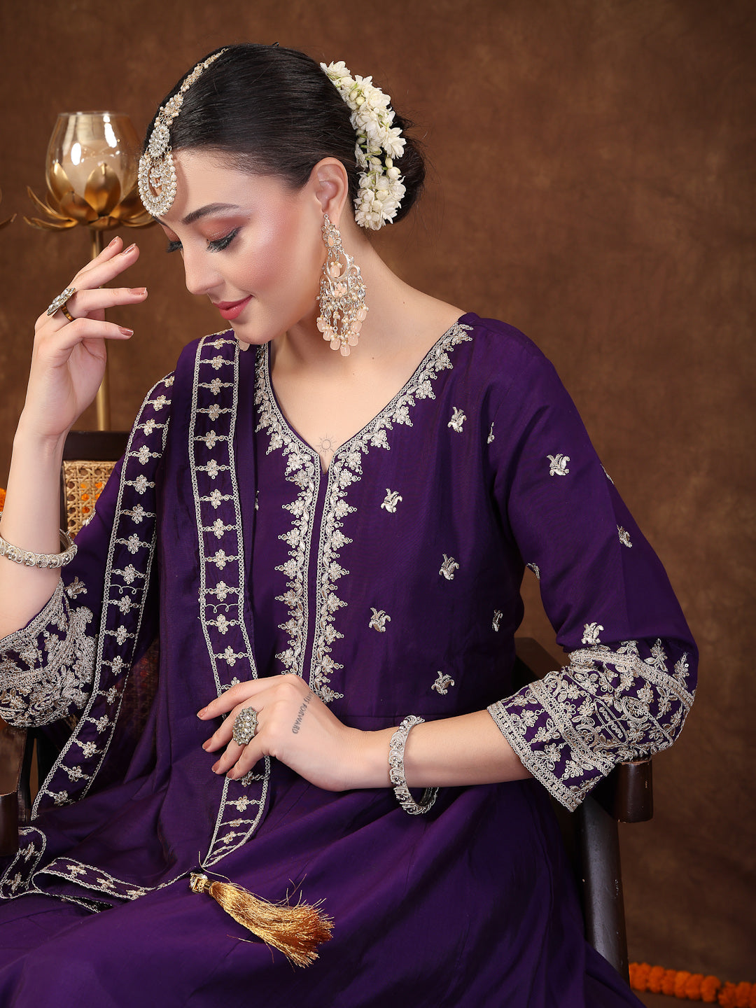 Violet Solid &amp; Embroidered Silk Anarkali Kurta Pant Dupatta Set