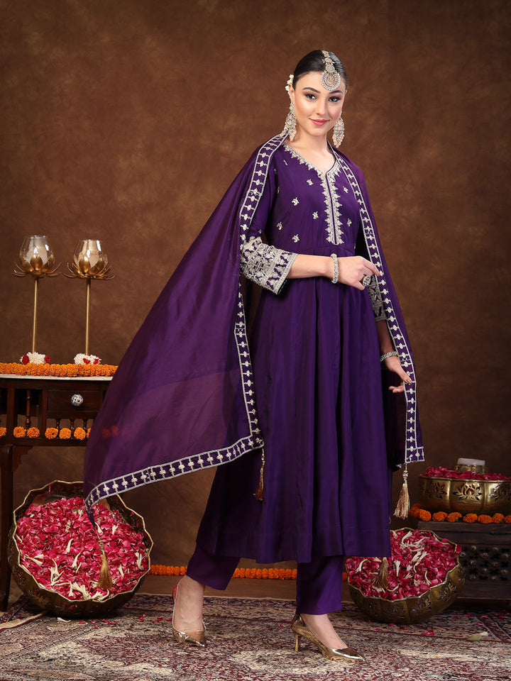 Violet Solid &amp; Embroidered Silk Anarkali Kurta Pant Dupatta Set