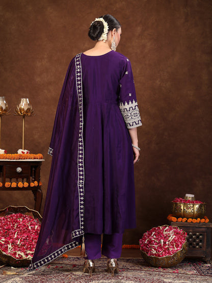Violet Solid & Embroidered Silk Anarkali Kurta Pant Dupatta Set (Pre-Order)