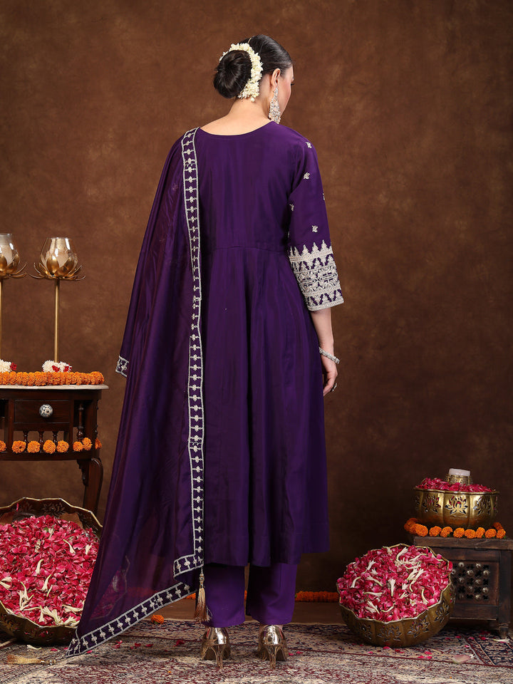Violet Solid &amp; Embroidered Silk Anarkali Kurta Pant Dupatta Set