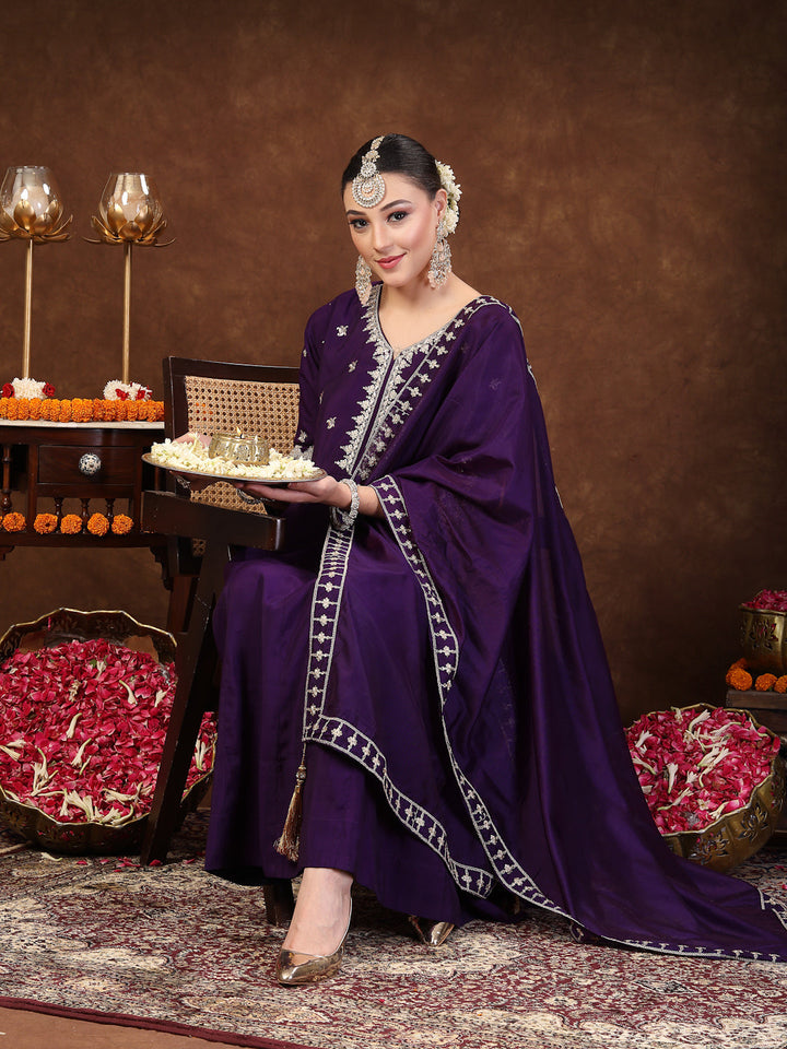 Violet Solid &amp; Embroidered Silk Anarkali Kurta Pant Dupatta Set