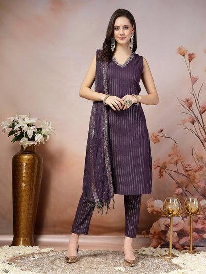 Woven Designed Cotton Blend Straight Kurta Pant Dupatta Set
