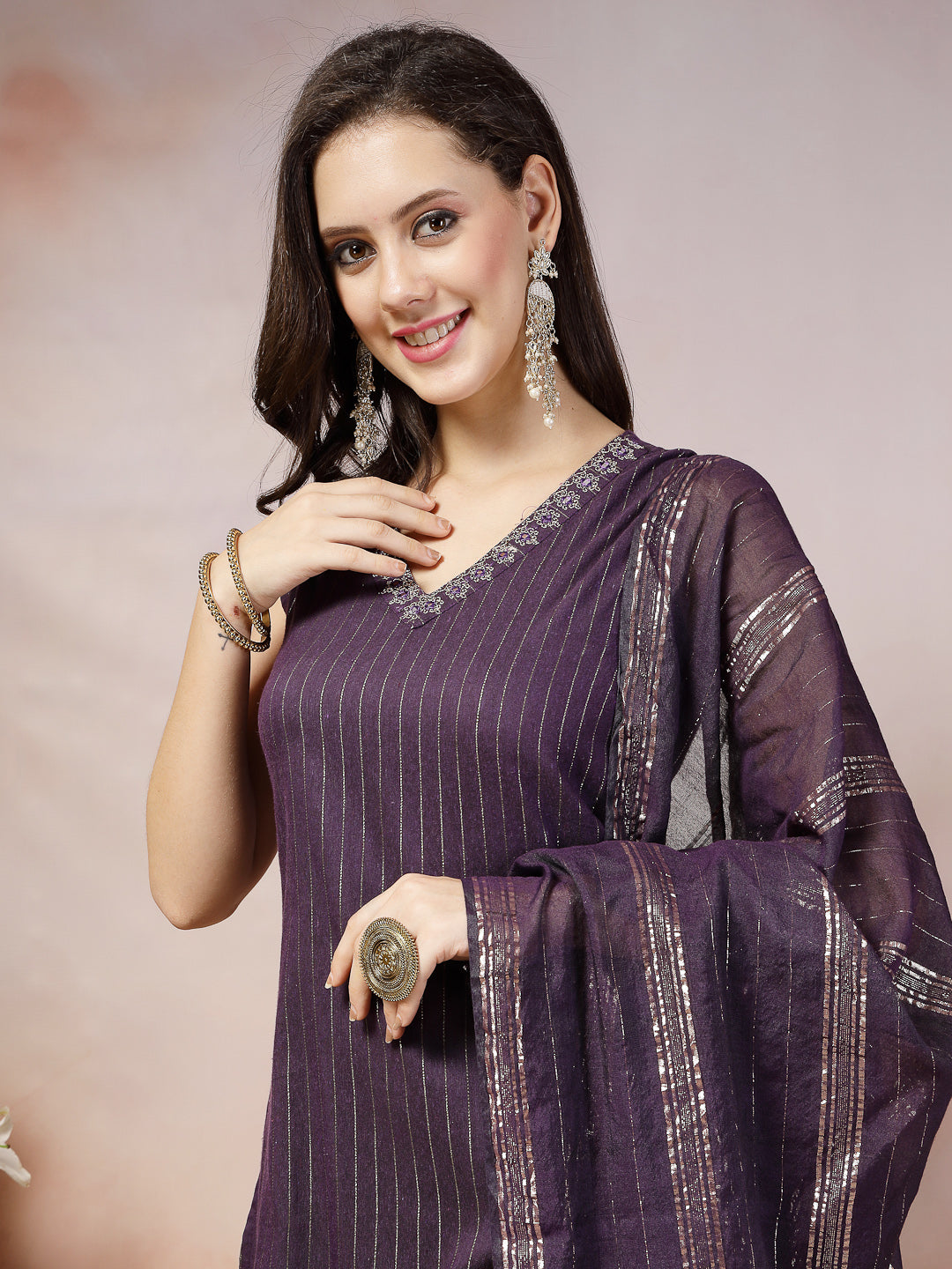 Woven Designed Cotton Blend Straight Kurta Pant Dupatta Set, view 2