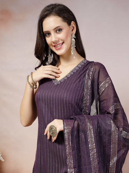 Woven Designed Cotton Blend Straight Kurta Pant Dupatta Set