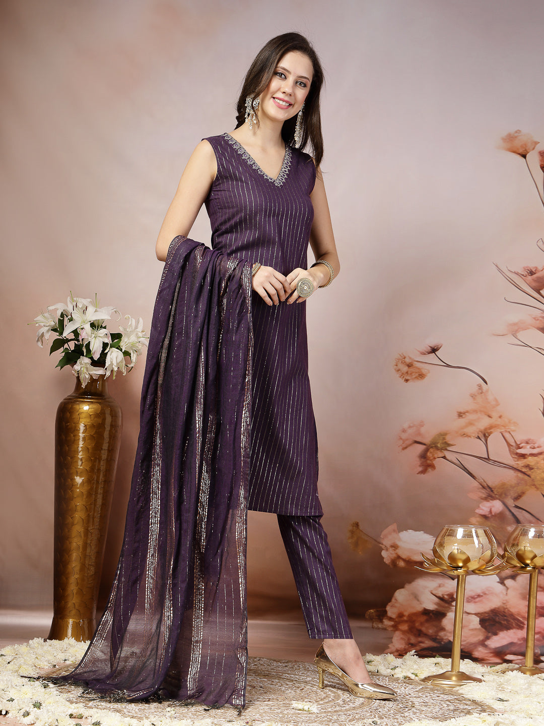 Woven Designed Cotton Blend Straight Kurta Pant Dupatta Set, view 3