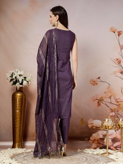Woven Designed Cotton Blend Straight Kurta Pant Dupatta Set