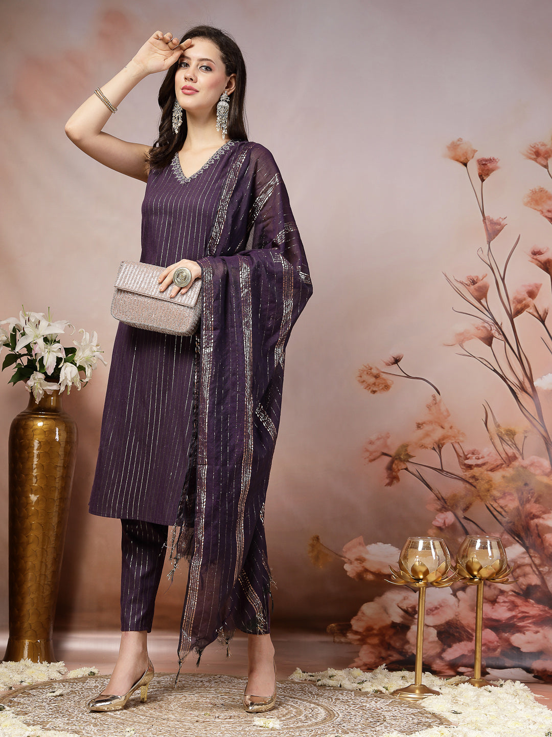 Woven Designed Cotton Blend Straight Kurta Pant Dupatta Set, view 5