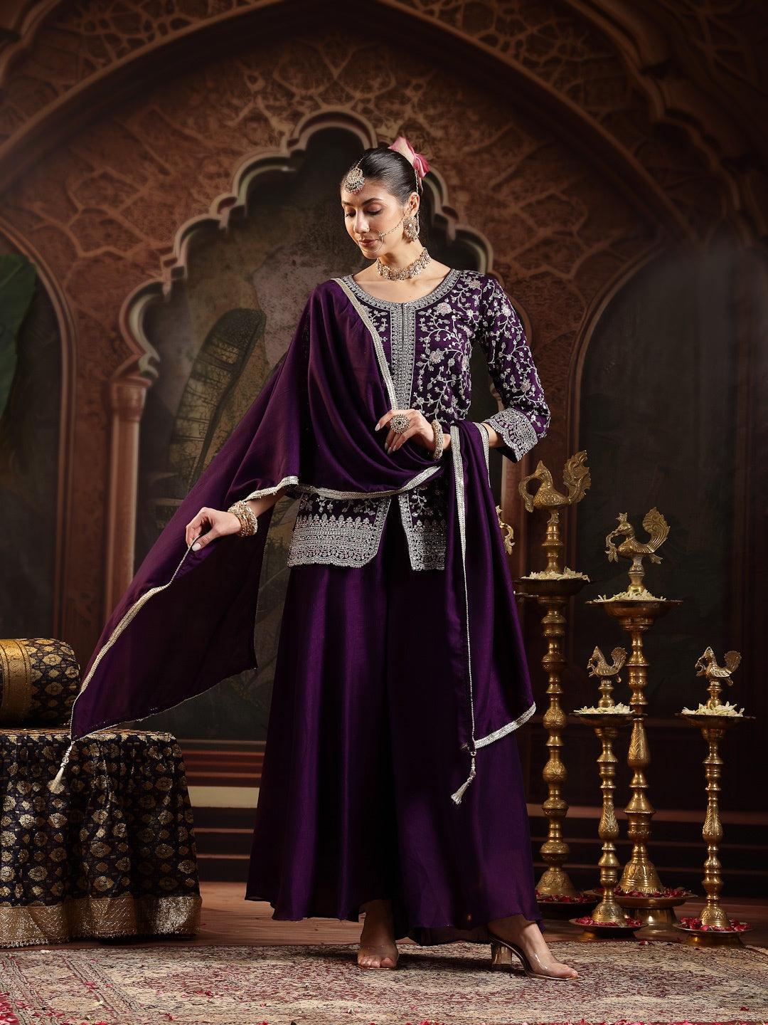 Violet Embroidered Georgette A-Line Kurti Palazzo Dupatta Set
