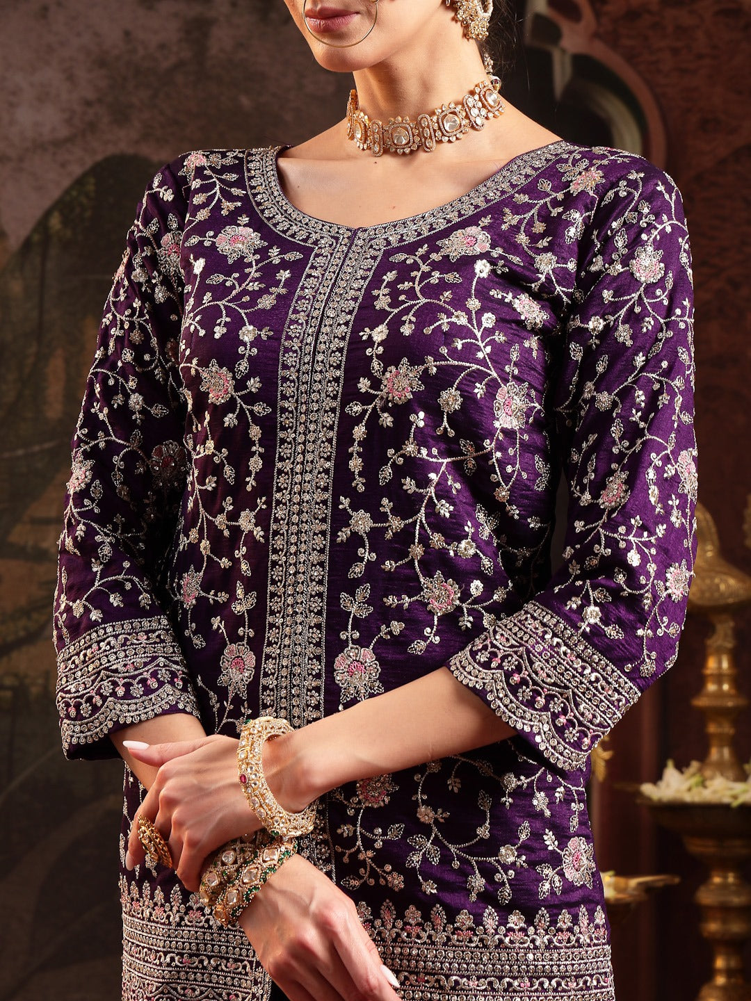 Violet Embroidered Georgette A-Line Kurti Palazzo Dupatta Set