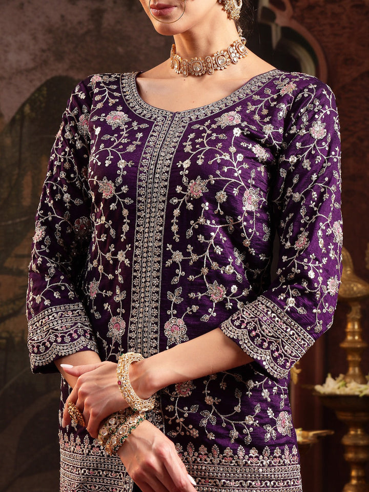 Violet Embroidered Georgette A-Line Kurti Palazzo Dupatta Set