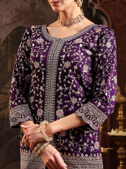 Violet Embroidered Georgette A-Line Kurti Palazzo Dupatta Set (Pre-Order)