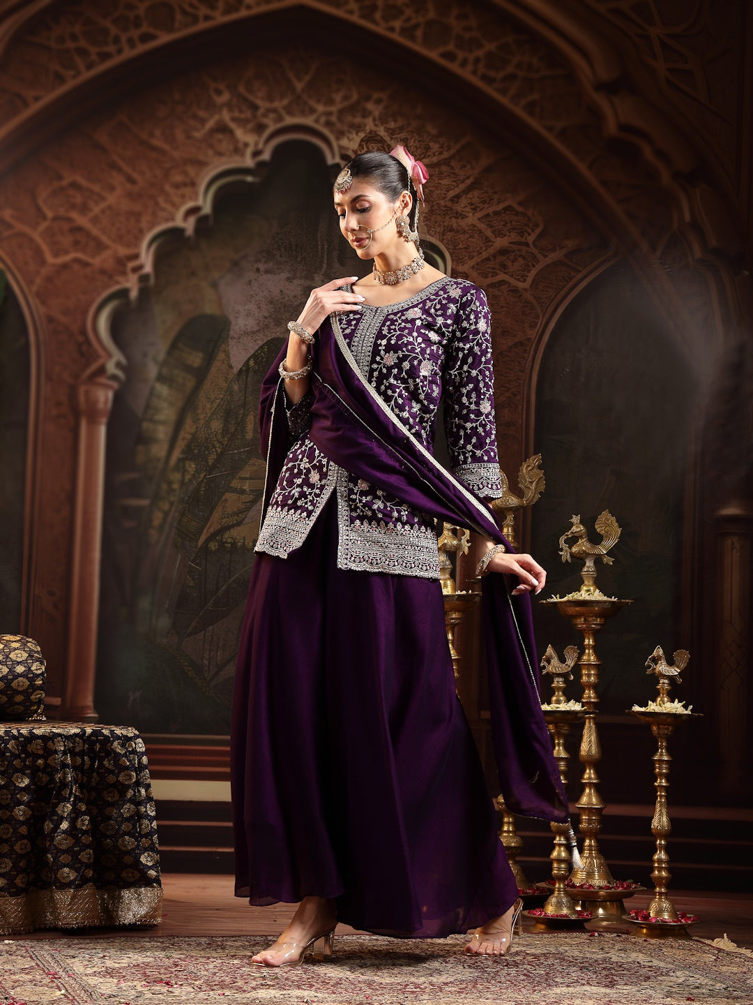 Violet Embroidered Georgette A-Line Kurti Palazzo Dupatta Set (Pre-Order)