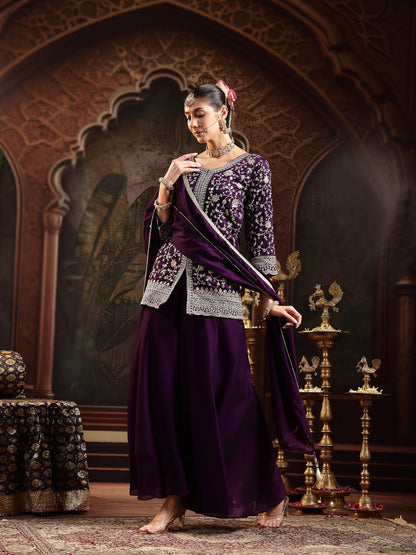 Violet Embroidered Georgette A-Line Kurti Palazzo Dupatta Set (Pre-Order)