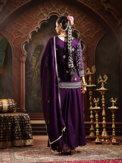 Violet Embroidered Georgette A-Line Kurti Palazzo Dupatta Set (Pre-Order)