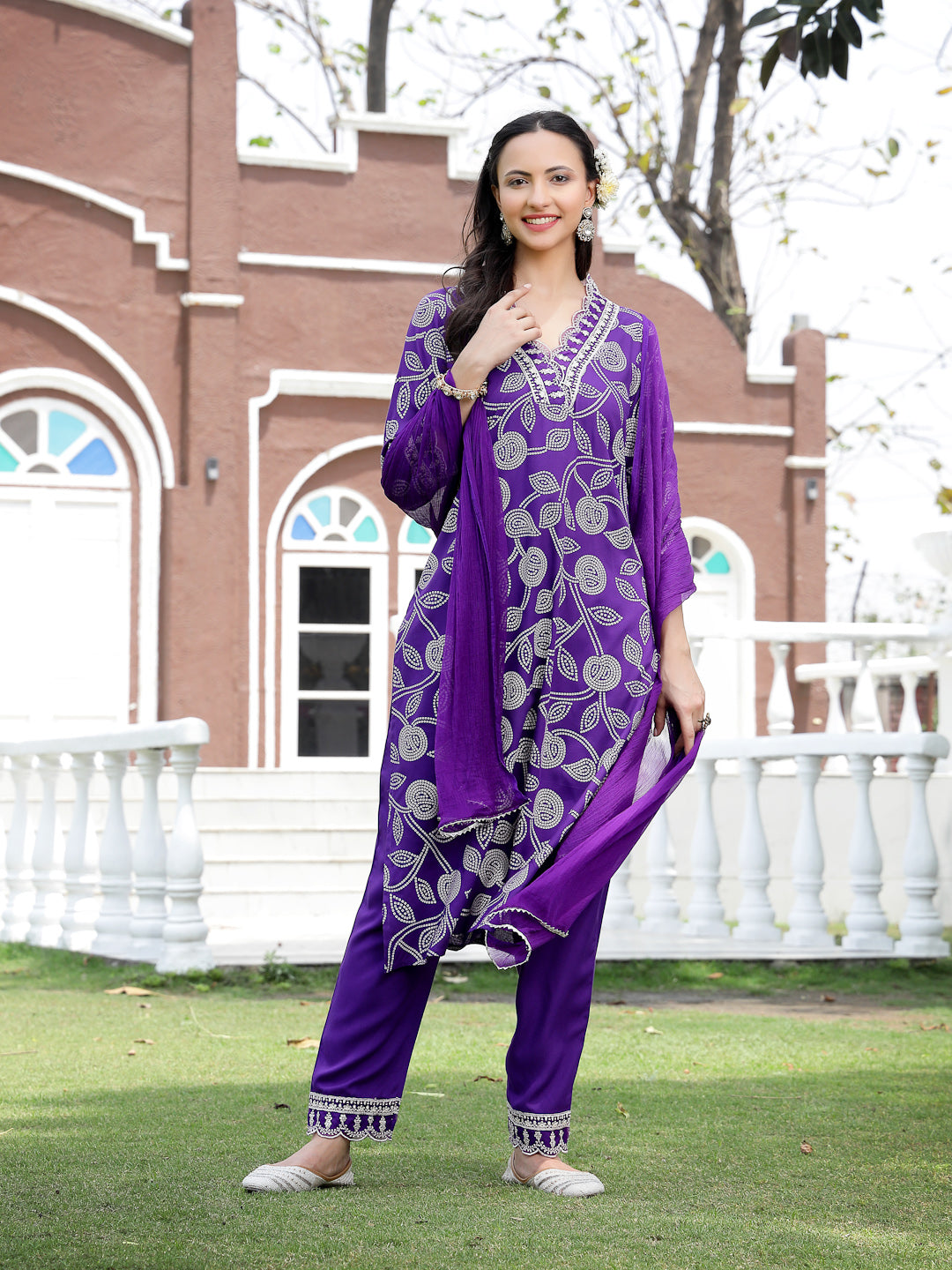 Voilet Bandhani Printed & Embroidered Rayon Straight Kurta Pant Dupatta Set