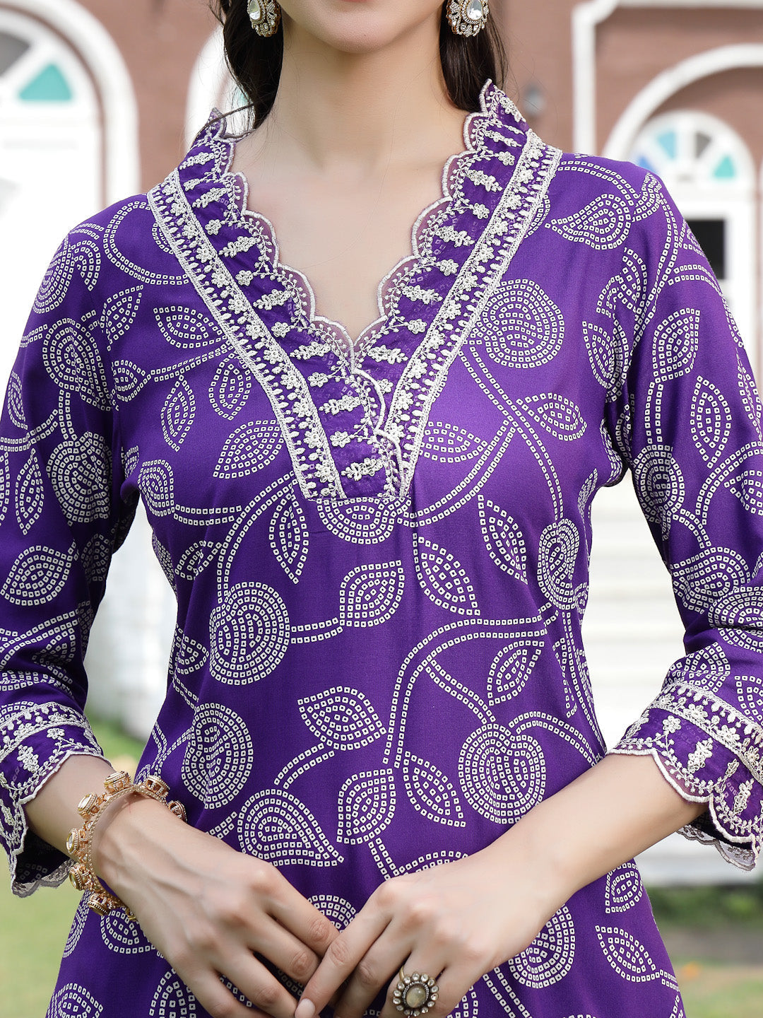 Voilet Bandhani Printed & Embroidered Rayon Straight Kurta Pant Dupatta Set (Pre-Order)