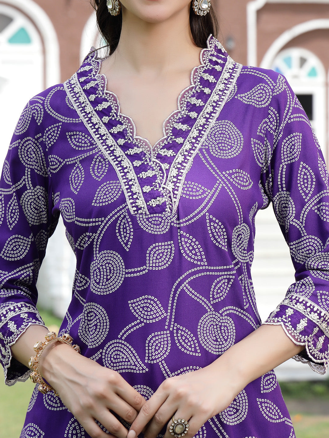 Voilet Bandhani Printed & Embroidered Rayon Straight Kurta Pant Dupatta Set
