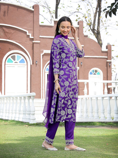 Voilet Bandhani Printed & Embroidered Rayon Straight Kurta Pant Dupatta Set
