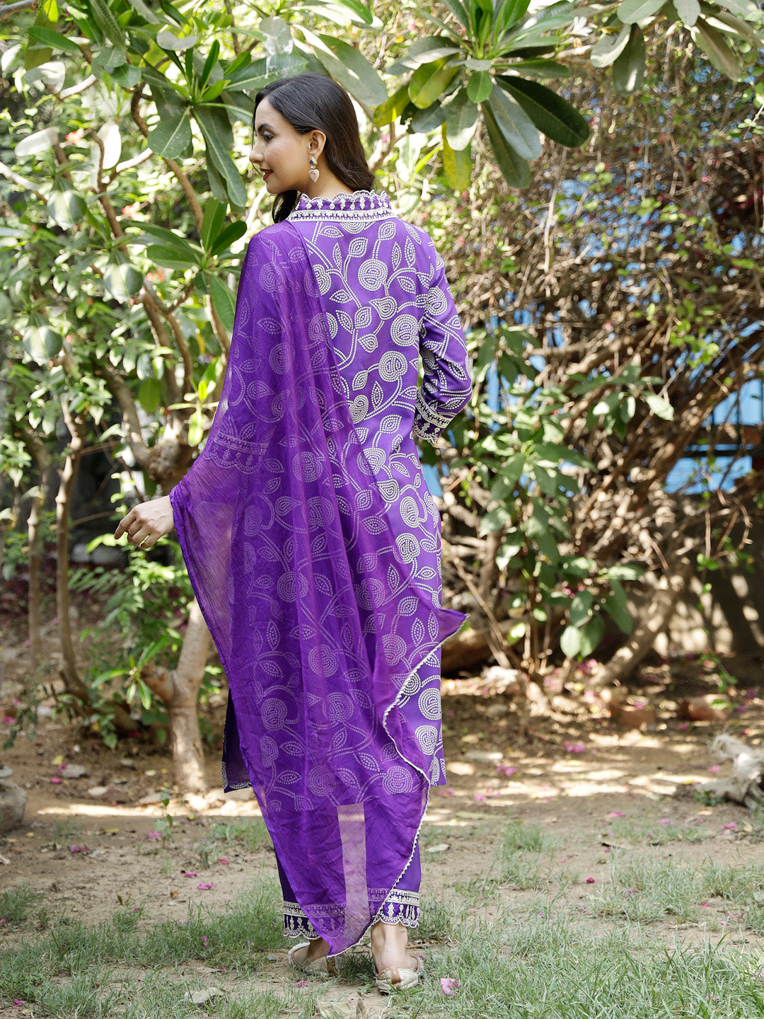 Voilet Bandhani Printed & Embroidered Rayon Straight Kurta Pant Dupatta Set