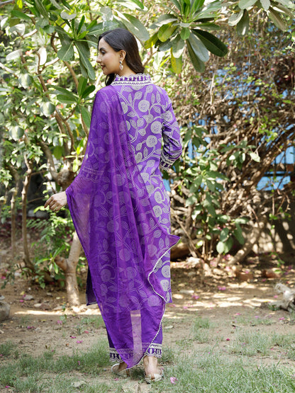 Voilet Bandhani Printed & Embroidered Rayon Straight Kurta Pant Dupatta Set