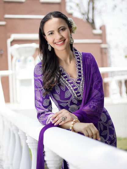 Voilet Bandhani Printed & Embroidered Rayon Straight Kurta Pant Dupatta Set