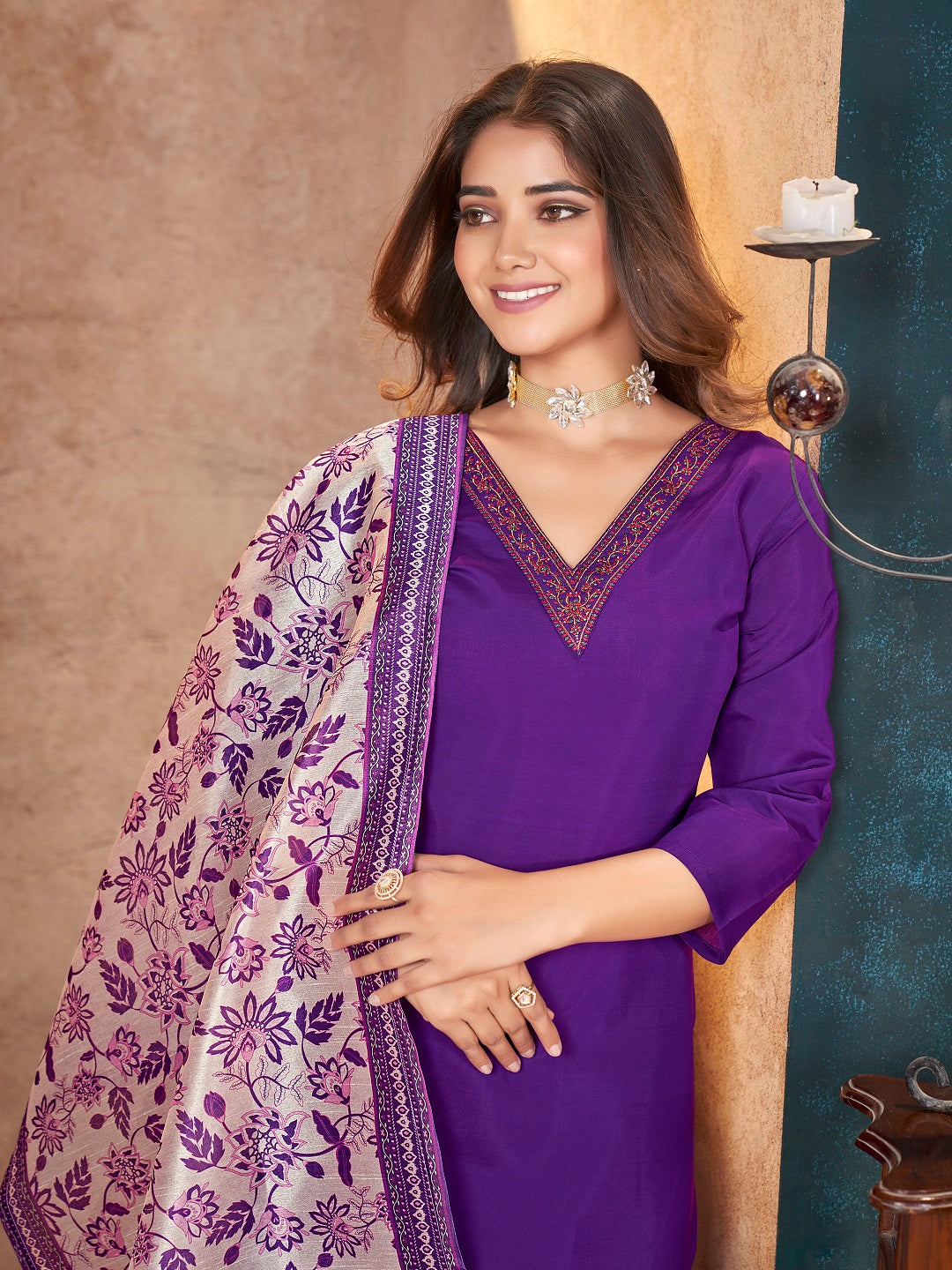 Violet Solid &amp; Embroidered Silk Straight Kurta Pant Dupatta Set