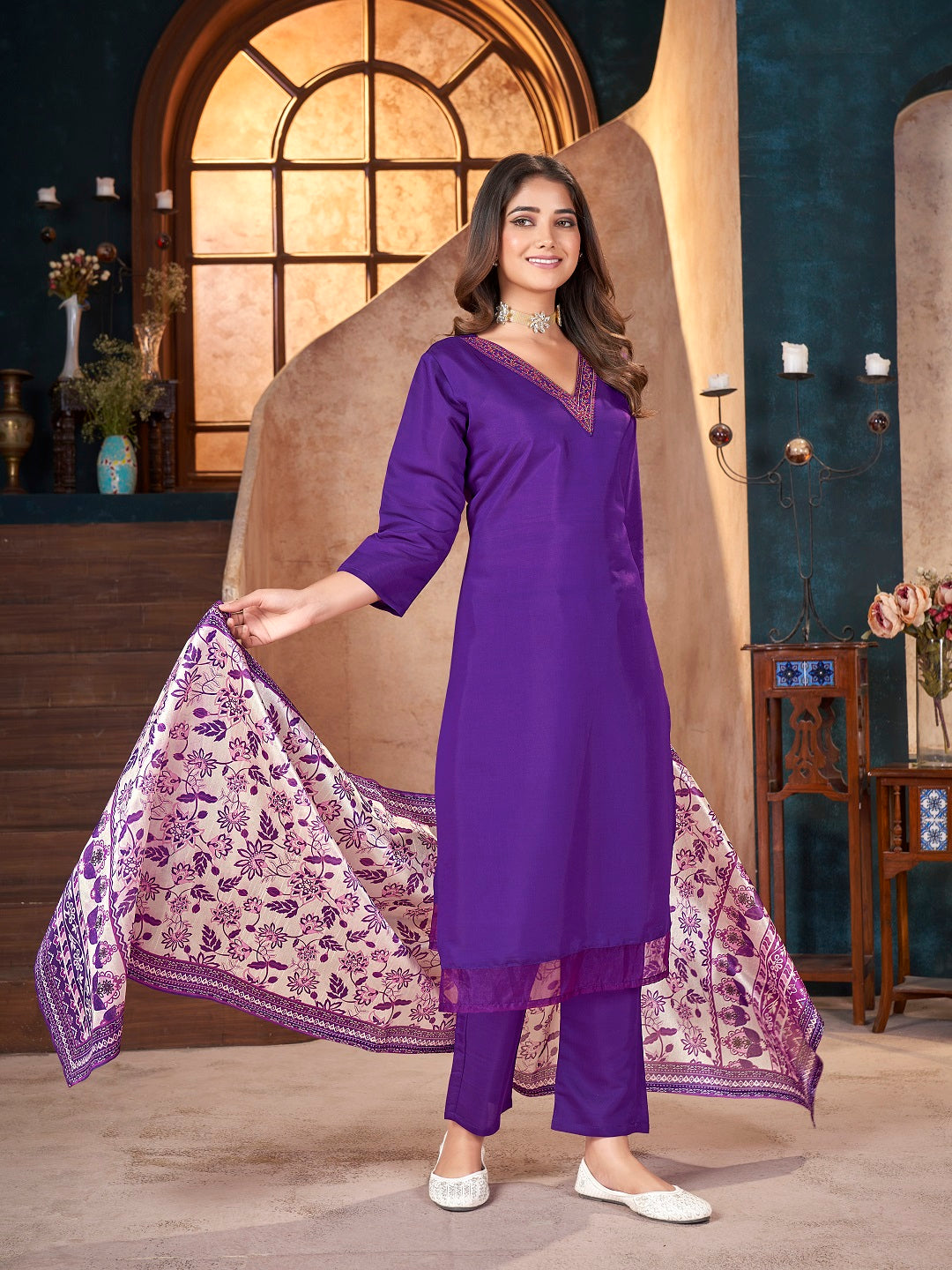 Violet Solid &amp; Embroidered Silk Straight Kurta Pant Dupatta Set