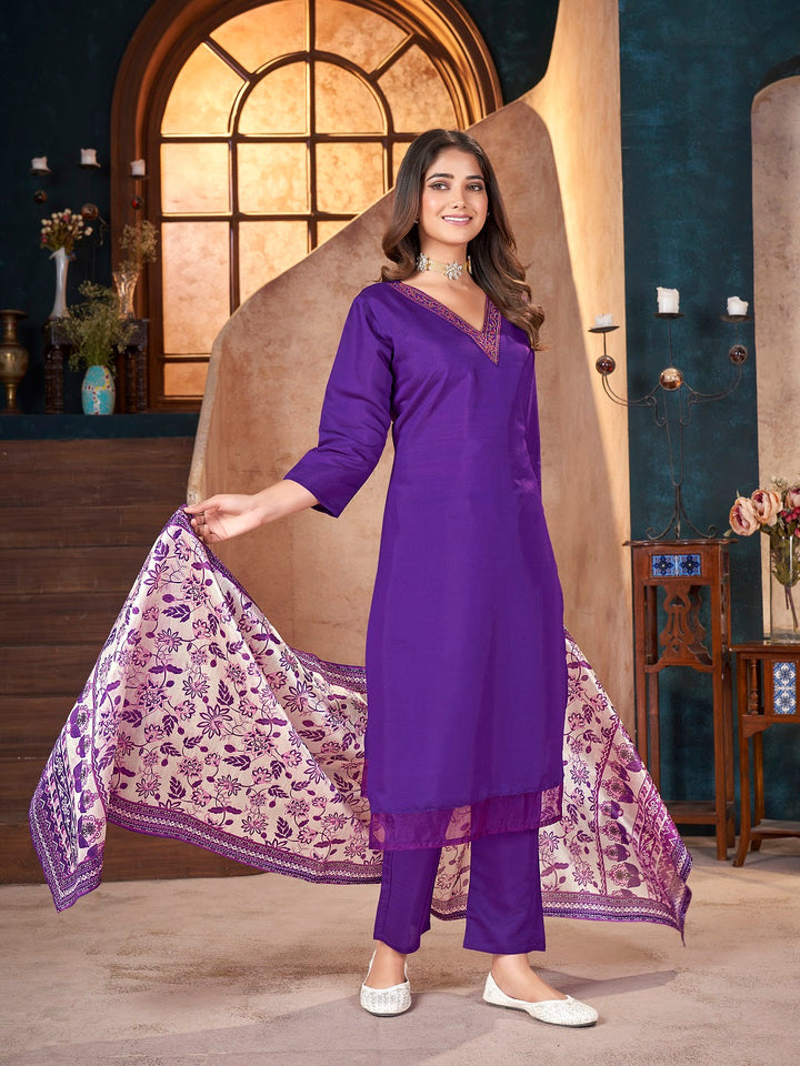 Violet Solid &amp; Embroidered Silk Straight Kurta Pant Dupatta Set