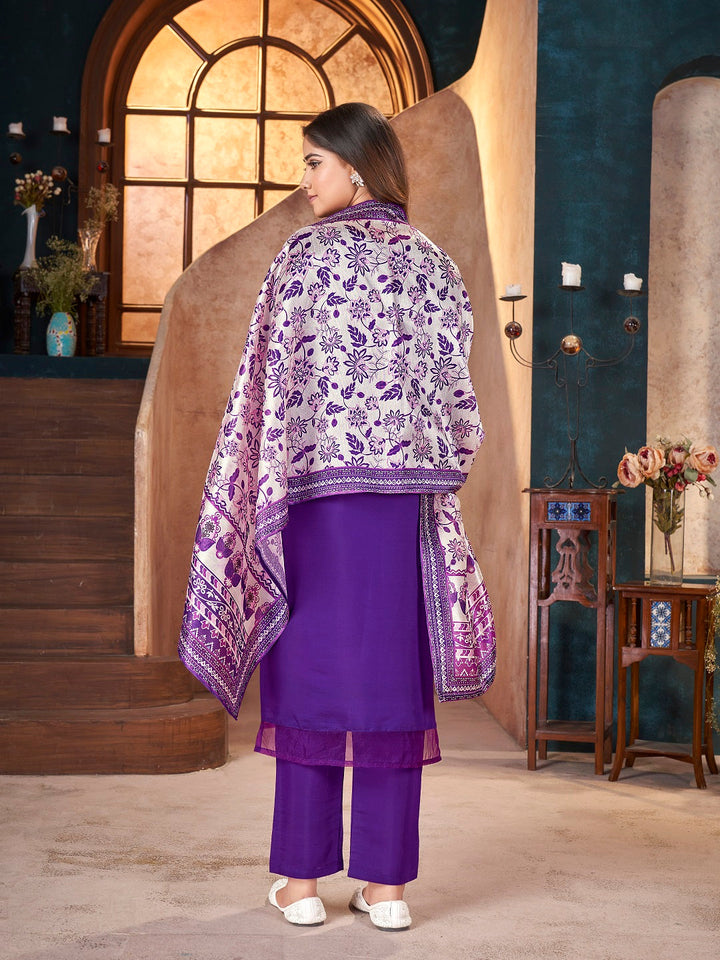 Violet Solid &amp; Embroidered Silk Straight Kurta Pant Dupatta Set