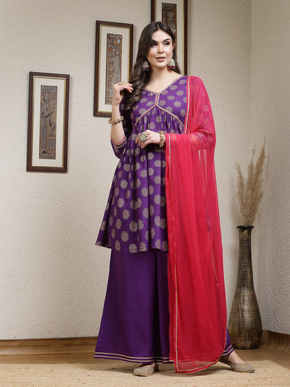 Ethnic Motif Printed Rayon A-Line Kurta Palazzo Dupatta Set (Pre-Order)