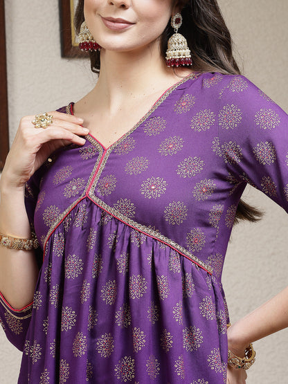 Ethnic Motif Printed Rayon A-Line Kurta Palazzo Dupatta Set