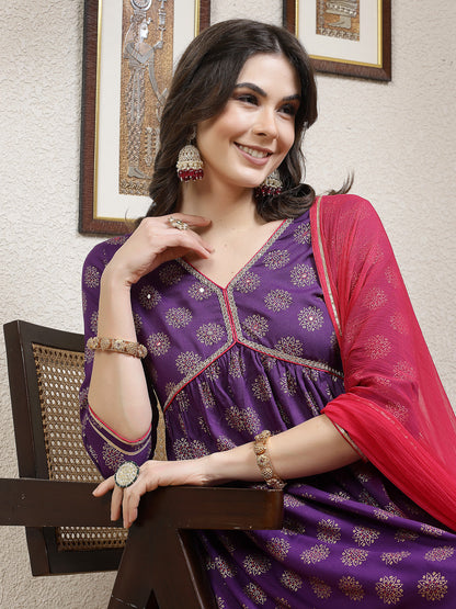 Ethnic Motif Printed Rayon A-Line Kurta Palazzo Dupatta Set (Pre-Order)