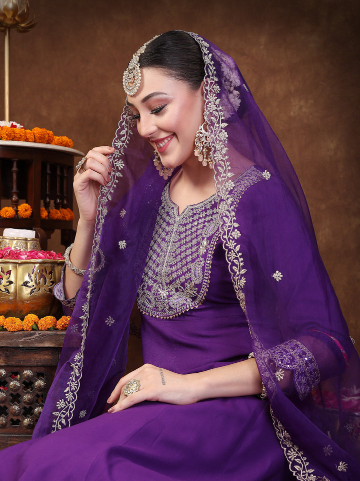 Violet Solid &amp; Embroidered Rayon Anarkali Kurta Pant Dupatta Set