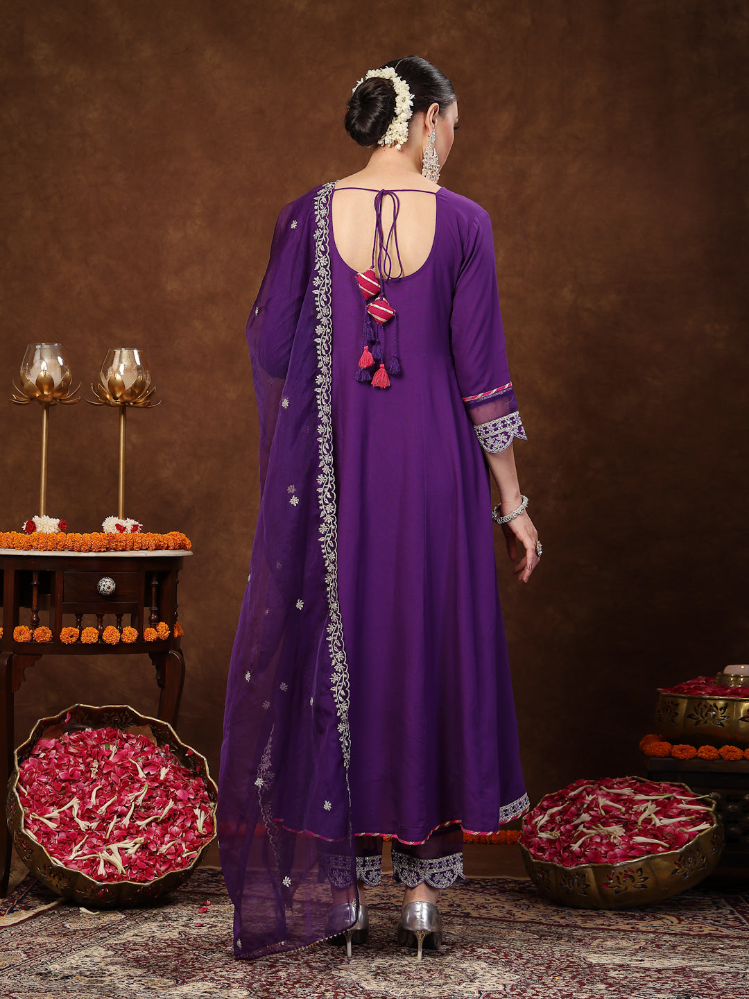 Violet Solid &amp; Embroidered Rayon Anarkali Kurta Pant Dupatta Set