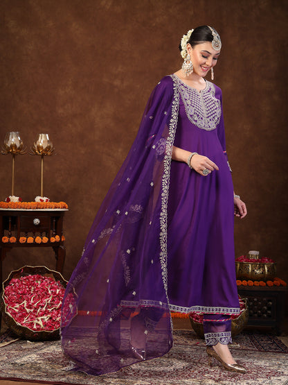 Violet Solid & Embroidered Rayon Anarkali Kurta Pant Dupatta Set