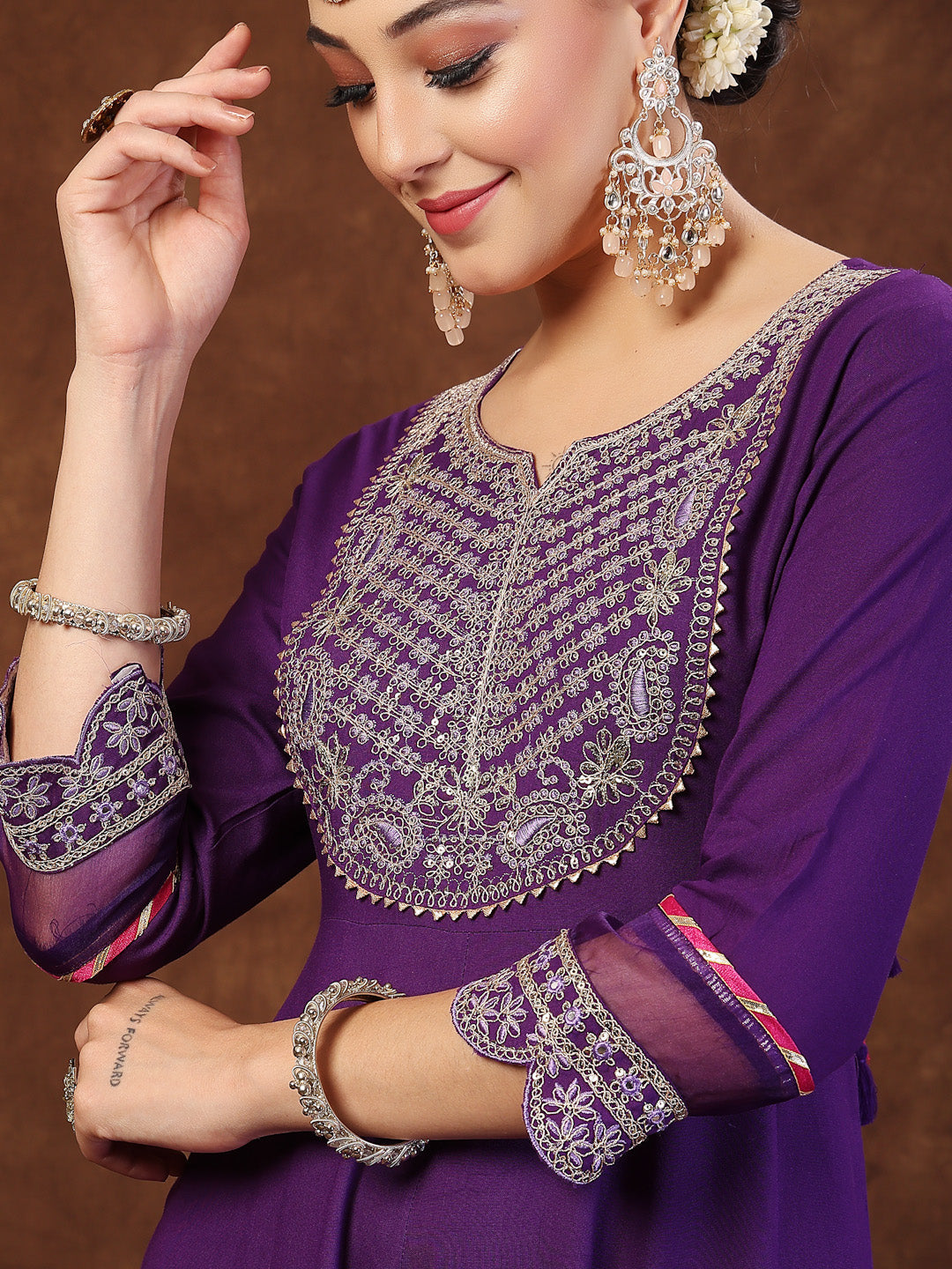 Violet Solid &amp; Embroidered Rayon Anarkali Kurta Pant Dupatta Set