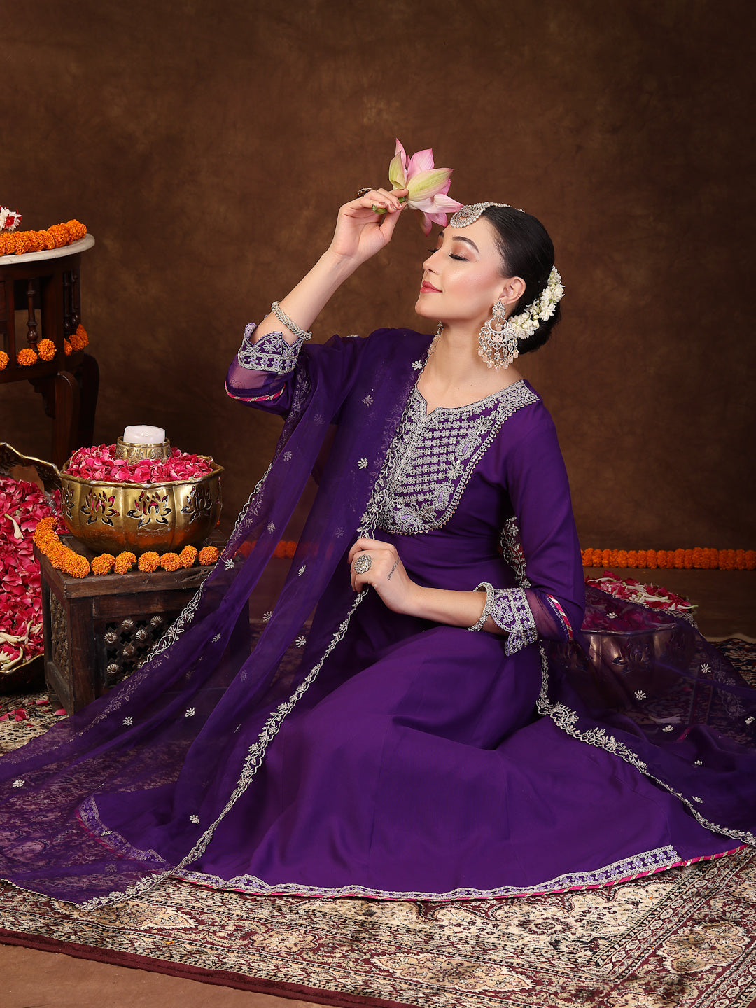 Violet Solid &amp; Embroidered Rayon Anarkali Kurta Pant Dupatta Set