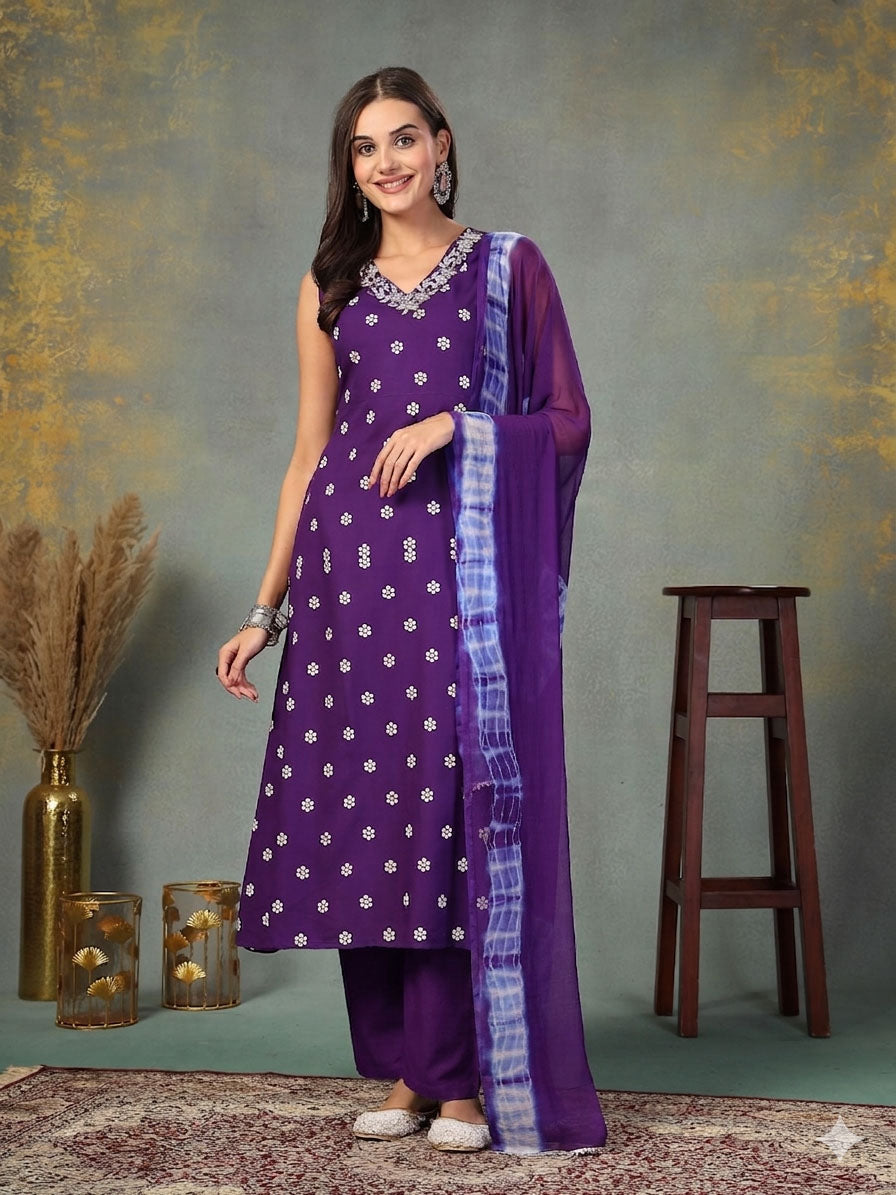 Floral Printed &amp; Embroidered Rayon A-Line Kurta Pant Dupatta Set