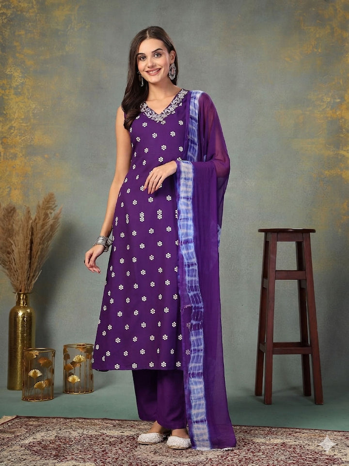 Floral Printed &amp; Embroidered Rayon A-Line Kurta Pant Dupatta Set
